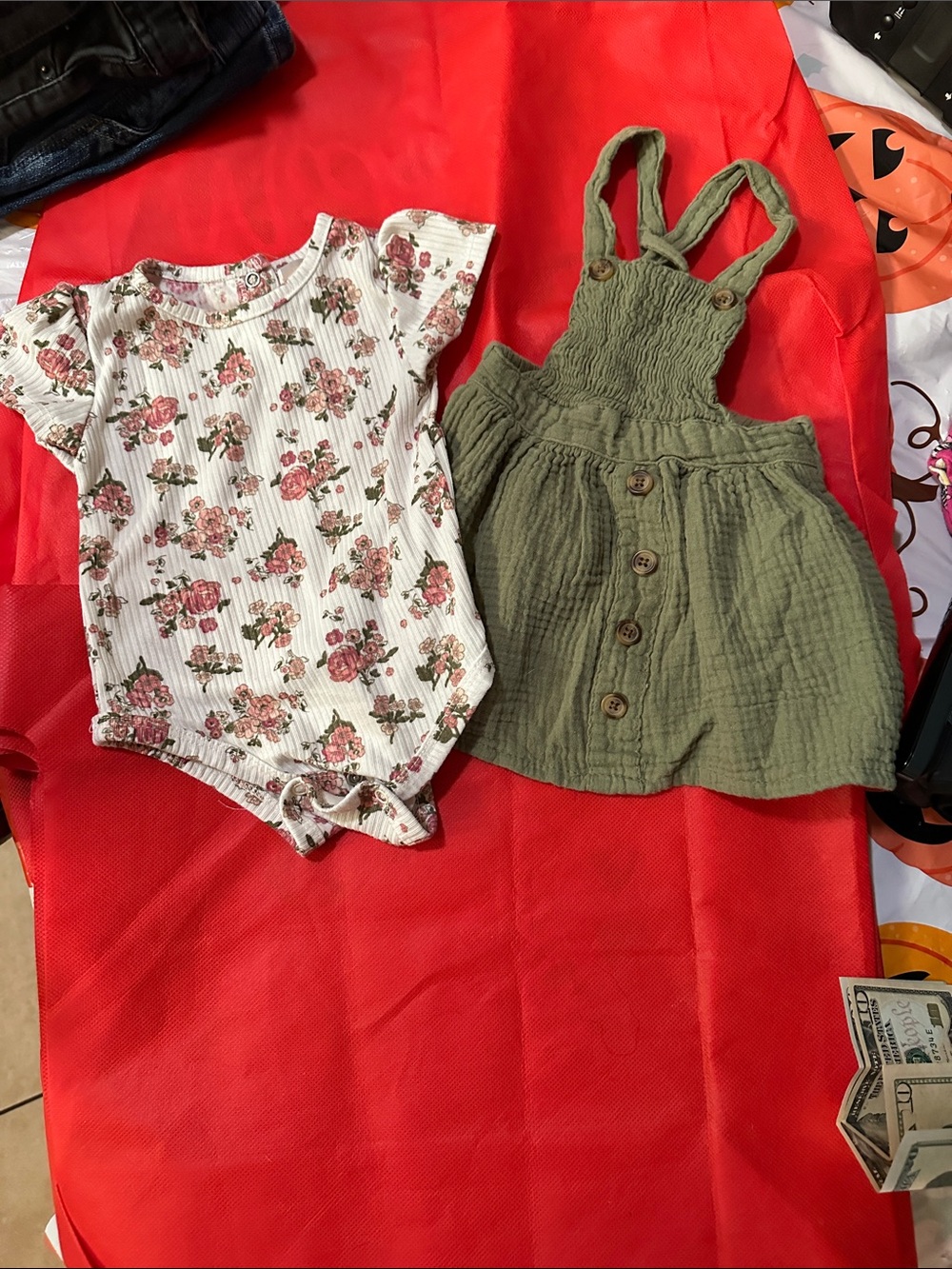 Kensie Girls Floral White Pink Bodysuit with Olive Green Buttoned Dress Set